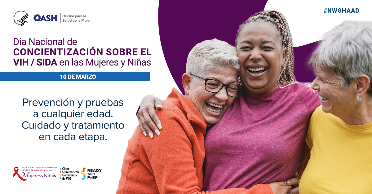 Anuncio del Día Nacional de Concientización sobre el VIH / SIDA en las Mujeres y Niñas con tres mujeres mayores abrazándose.