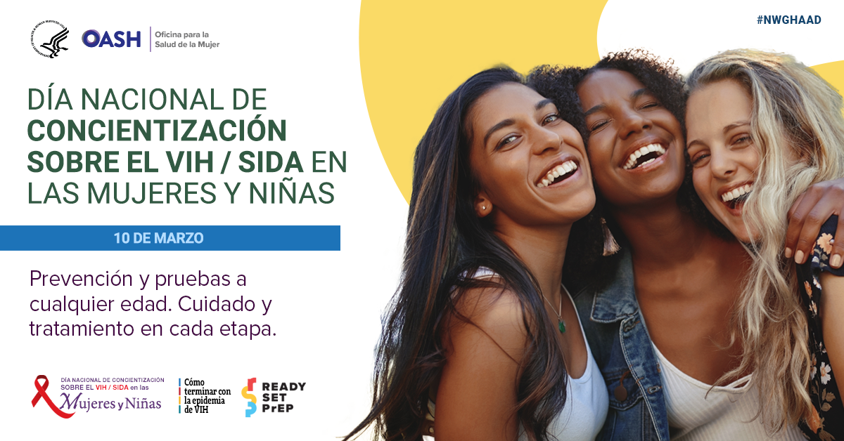 Anuncio del Día Nacional de Concientización sobre el VIH / SIDA en las Mujeres y Niñas con tres mujeres jóvenes abrazándose.