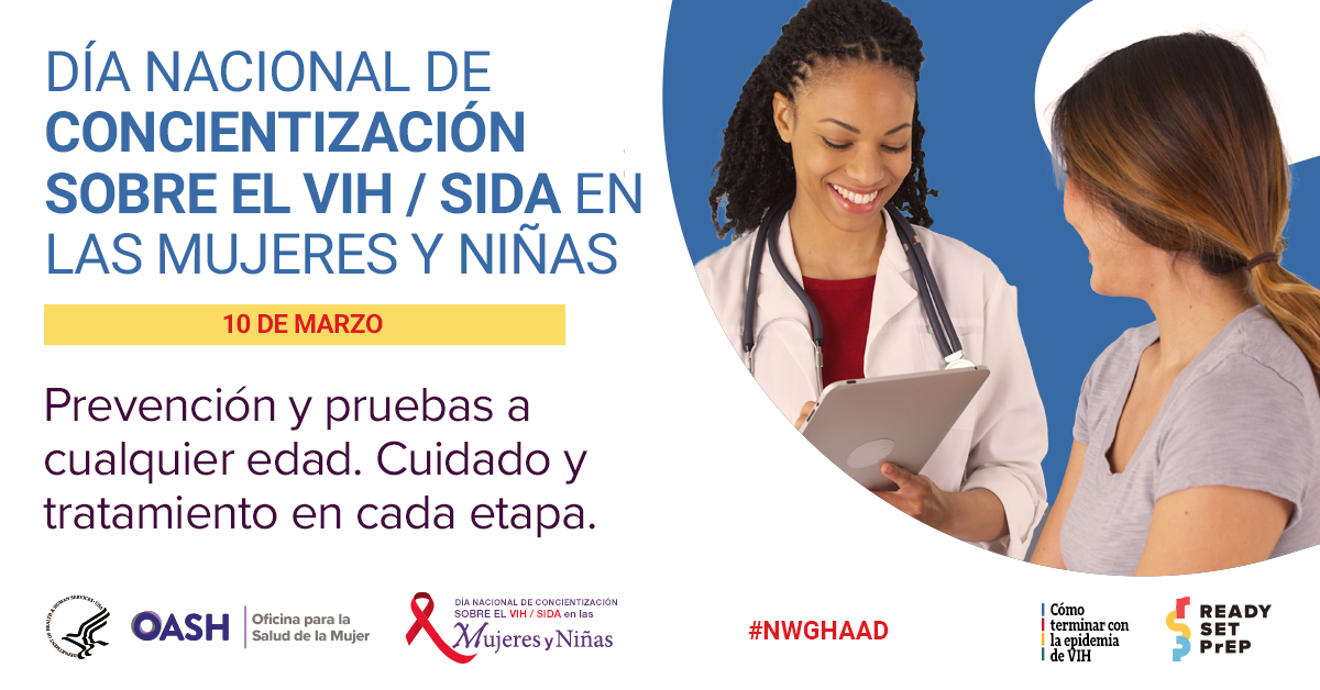 Anuncio del Día Nacional de Concientización sobre el VIH / SIDA en las Mujeres y Niñas con un médico hablando con una mujer.