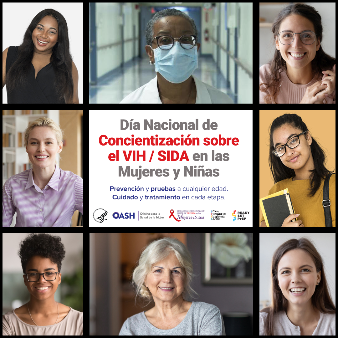 Banner con un grupo diverso de mujeres y niñas para el Día Nacional de Concientización sobre el VIH / SIDA en las Mujeres y Niñas.