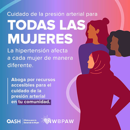 Ilustración que muestra a tres mujeres, una de ellas con hijab, mirando hacia la izquierda. El fondo presenta un degradado de tonos violeta, rosa y azul. El texto dice: Cuidado de la presión arterial para todas las mujeres. La hipertensión afecta a cada mujer de manera diferente. Aboga por una atención accesible para la presión arterial. Incluye los logotipos de OASH - Oficina para la Salud de la Mujer y NWBPAW.