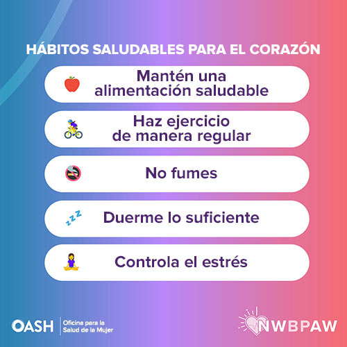 Lista de hábitos saludables para el corazón con ilustraciones de íconos correspondientes sobre óvalos blancos. El fondo tiene un degradado de tonos rosas, violetas y azules. El texto dice: Hábitos saludables para el corazón: Mantén una alimentación saludable, Haz ejercicio de manera regular, No fumes, Duerme lo suficiente, Controla el estrés. Incluye los logotipos de OASH - Oficina para la Salud de la Mujer y NWBPAW.